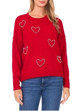 NEW Women’s Small Red Heart-Studded Crewneck Sweater
